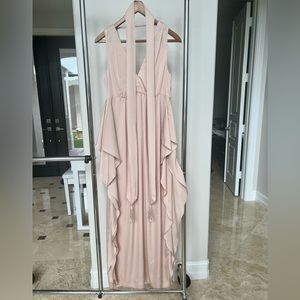 Blush pink silk floor length dress with ruffle detail